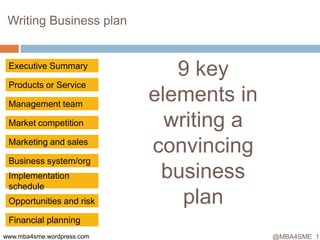 Writing Business plan

Executive Summary
Products or Service
Management team
Market competition
Marketing and sales
Business system/org
Implementation
schedule
Opportunities and risk

9 key
elements in
writing a
convincing
business
plan

Financial planning
www.mba4sme.wordpress.com

@MBA4SME 1

 