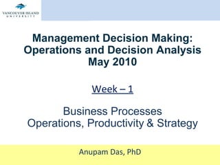Management Decision Making: Operations and Decision Analysis May 2010 Week – 1 Business Processes Operations, Productivity   & Strategy Anupam Das, PhD 