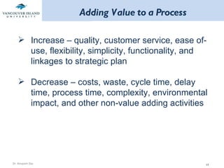 Adding Value to a Process Increase – quality, customer service, ease of‐ use, flexibility, simplicity, functionality, and linkages to strategic plan Decrease – costs, waste, cycle time, delay time, process time, complexity, environmental impact, and other non-value adding activities 