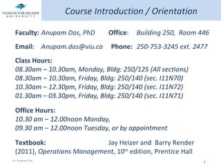 Course Introduction / Orientation Faculty: Anupam Das, PhD Office :  Building 250,  Room 446 Email: [email_address]   Phone:   250-753-3245 ext. 2477 Class Hours: 08.30am – 10.30am, Monday, Bldg: 250/125 (All sections)  08.30am – 10.30am, Friday, Bldg: 250/140 (sec. I11N70) 10.30am – 12.30pm, Friday, Bldg: 250/140 (sec. I11N72)  01.30am – 03.30pm, Friday, Bldg: 250/140 (sec. I11N71) Office Hours: 10.30 am – 12.00noon Monday,  09.30 am – 12.00noon Tuesday, or by appointment   Textbook: Jay Heizer and  Barry Render (2011),  Operations Management , 10 th  edition, Prentice Hall 
