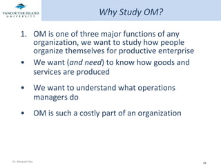 Why Study OM? OM is one of three major functions of any organization, we want to study how people organize themselves for productive enterprise We want ( and need ) to know how goods and services are produced We want to understand what operations managers do OM is such a costly part of an organization 