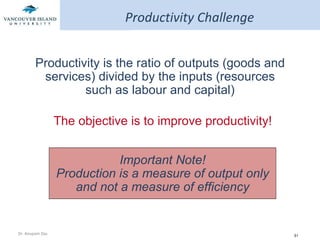 Productivity Challenge Productivity is the ratio of outputs (goods and services) divided by the inputs (resources such as labour and capital) The objective is to improve productivity! Important Note! Production is a measure of output only and not a measure of efficiency 