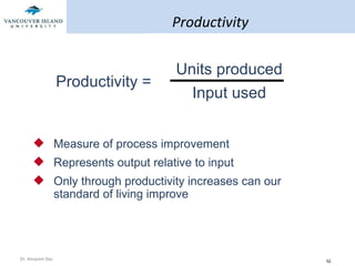 Productivity Measure of process improvement Represents output relative to input Only through productivity increases can our standard of living improve Productivity = Units produced Input used 