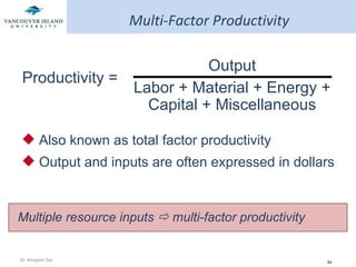 Multi-Factor Productivity  Also known as total factor productivity Output and inputs are often expressed in dollars Multiple resource inputs    multi-factor productivity Output Labor + Material + Energy + Capital + Miscellaneous Productivity = 