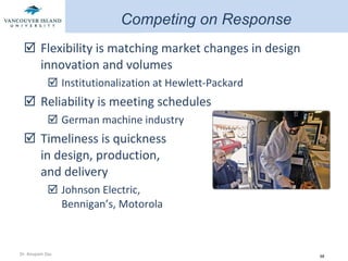 Flexibility is matching market changes in design innovation and volumes Institutionalization at Hewlett-Packard Reliability is meeting schedules German machine industry Timeliness is quickness  in design, production,  and delivery Johnson Electric,  Bennigan’s, Motorola Competing on Response 