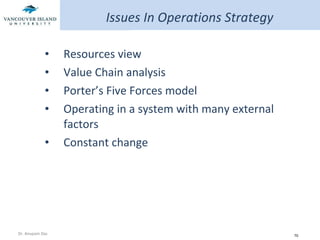 Issues In Operations Strategy Resources view Value Chain analysis Porter’s Five Forces model Operating in a system with many external factors Constant change 