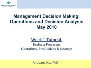 Management Decision Making: Operations and Decision Analysis May 2010 Week 1-Tutorial  Business Processes Operations, Productivity & Strategy Anupam Das, PhD 
