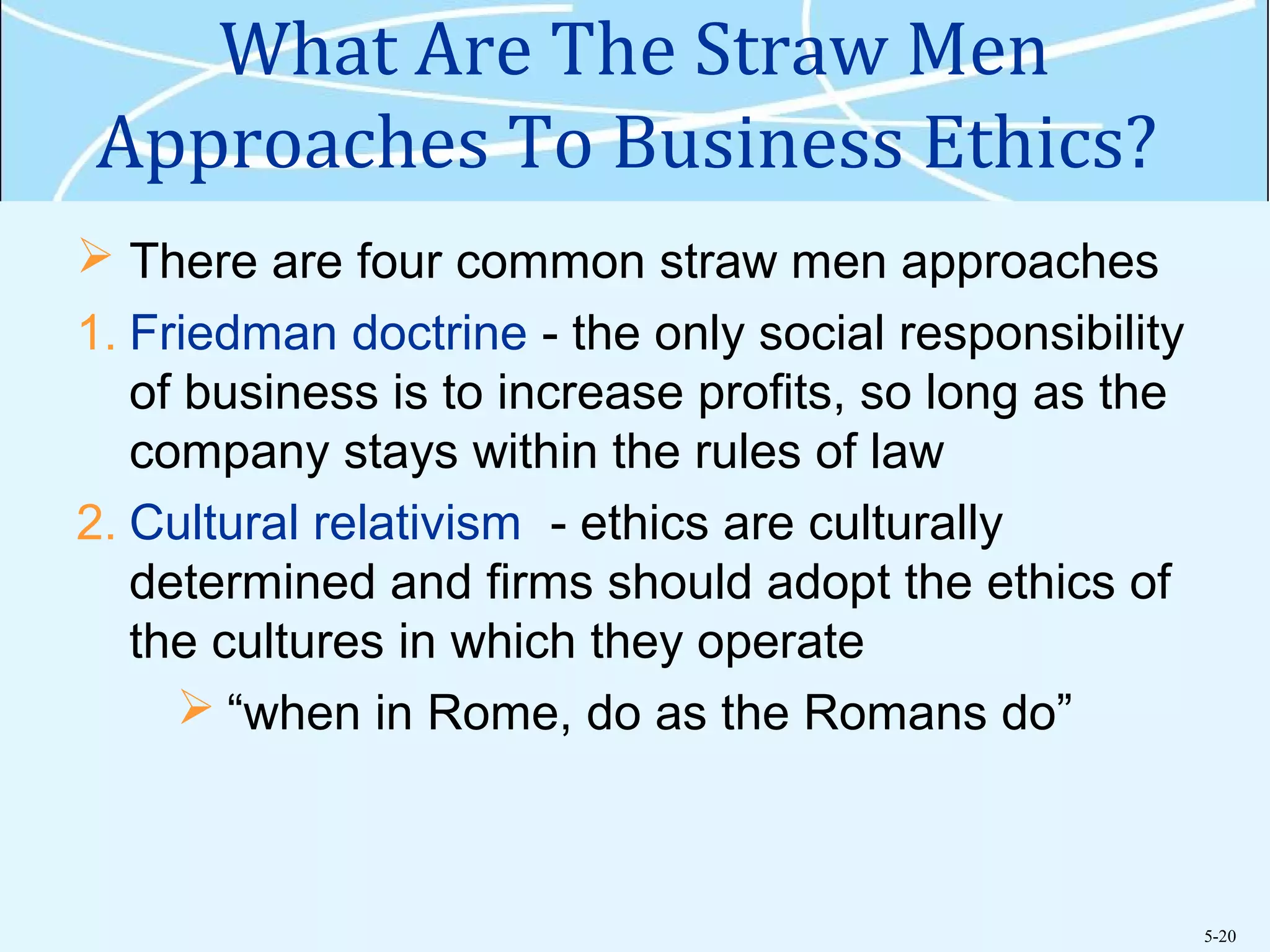 5-20
What Are The Straw Men
Approaches To Business Ethics?
 There are four common straw men approaches
1. Friedman doctrine - the only social responsibility
of business is to increase profits, so long as the
company stays within the rules of law
2. Cultural relativism - ethics are culturally
determined and firms should adopt the ethics of
the cultures in which they operate
 “when in Rome, do as the Romans do”
 