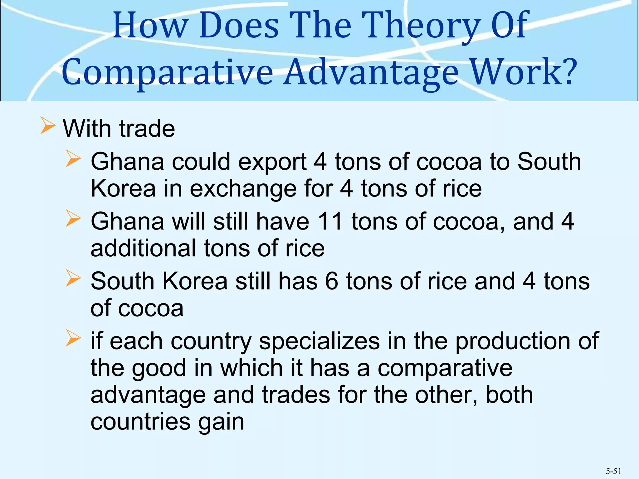5-51
How Does The Theory Of
Comparative Advantage Work?
 With trade
 Ghana could export 4 tons of cocoa to South
Korea in exchange for 4 tons of rice
 Ghana will still have 11 tons of cocoa, and 4
additional tons of rice
 South Korea still has 6 tons of rice and 4 tons
of cocoa
 if each country specializes in the production of
the good in which it has a comparative
advantage and trades for the other, both
countries gain
 