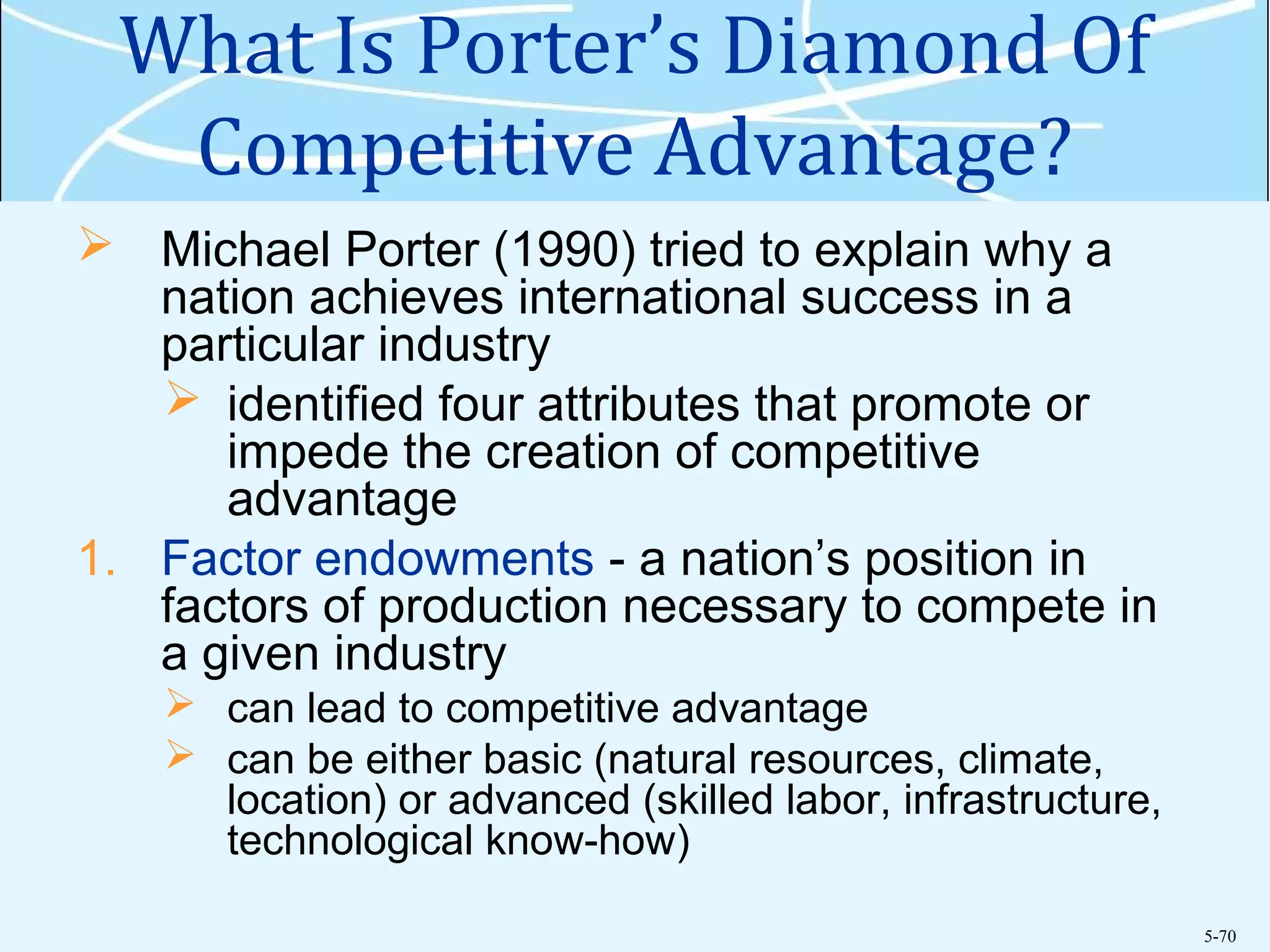 5-70
What Is Porter’s Diamond Of
Competitive Advantage?
 Michael Porter (1990) tried to explain why a
nation achieves international success in a
particular industry
 identified four attributes that promote or
impede the creation of competitive
advantage
1. Factor endowments - a nation’s position in
factors of production necessary to compete in
a given industry
 can lead to competitive advantage
 can be either basic (natural resources, climate,
location) or advanced (skilled labor, infrastructure,
technological know-how)
 