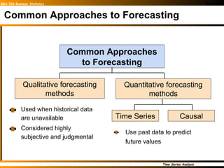 Common Approaches to Forecasting Used when historical data are unavailable Considered highly subjective and judgmental Common Approaches to Forecasting Causal Quantitative forecasting methods Qualitative forecasting methods Time Series Use past data to predict future values 