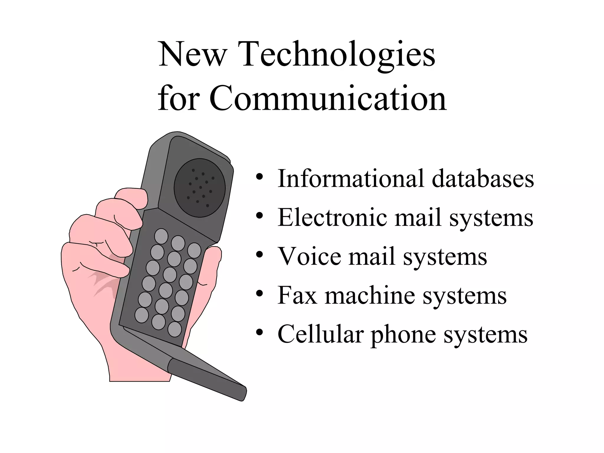 New Technologies
for Communication
• Informational databases
• Electronic mail systems
• Voice mail systems
• Fax machine systems
• Cellular phone systems
 