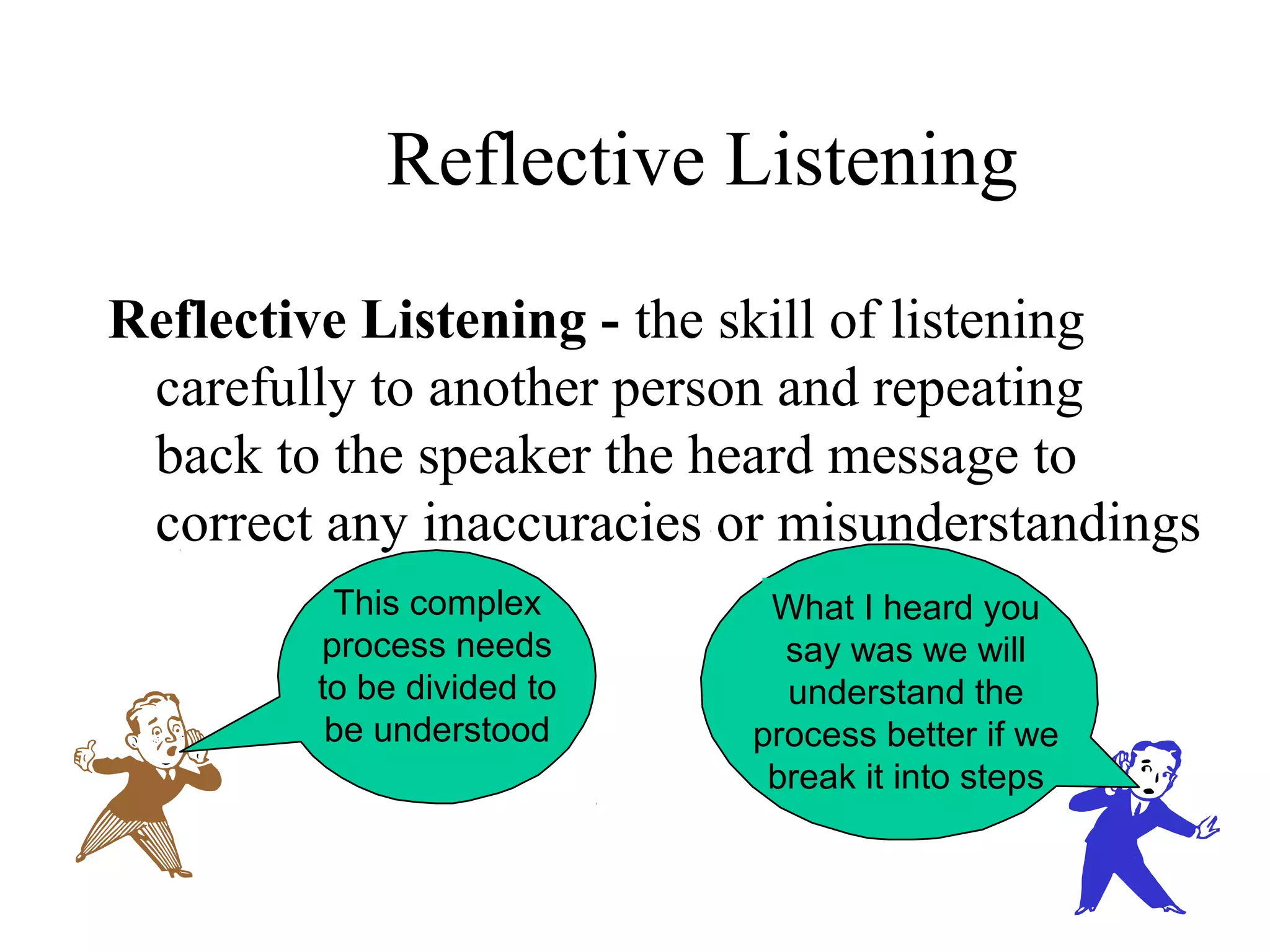 Reflective Listening
Reflective Listening - the skill of listening
carefully to another person and repeating
back to the speaker the heard message to
correct any inaccuracies or misunderstandings
This complex
process needs
to be divided to
be understood
What I heard you
say was we will
understand the
process better if we
break it into steps
 