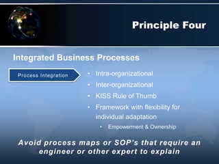 • Intra-organizational
• Inter-organizational
• KISS Rule of Thumb
• Framework with flexibility for
individual adaptation
• Empowerment & Ownership
Integrated Business Processes
Principle Four
Process Integration
Avoid process maps or SOP’s that require an
engineer or other expert to explain
 