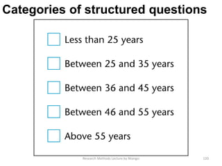 Categories of structured questions
Research Methods Lecture by Ntangsi 120
 
