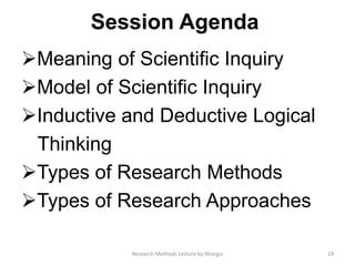 Session Agenda
Meaning of Scientiﬁc Inquiry
Model of Scientiﬁc Inquiry
Inductive and Deductive Logical
Thinking
Types of Research Methods
Types of Research Approaches
19Research Methods Lecture by Ntangsi
 