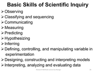 Basic Skills of Scientiﬁc Inquiry
Observing
Classifying and sequencing
Communicating
Measuring
Predicting
Hypothesizing
Inferring
Deﬁning, controlling, and manipulating variable in
experimentation
Designing, constructing and interpreting models
Interpreting, analyzing and evaluating data
30Research Methods Lecture by Ntangsi
 