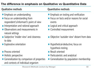 The difference in emphasis on Qualitative vs Quantitative Data
Research Methods Lecture by Ntangsi 92
 