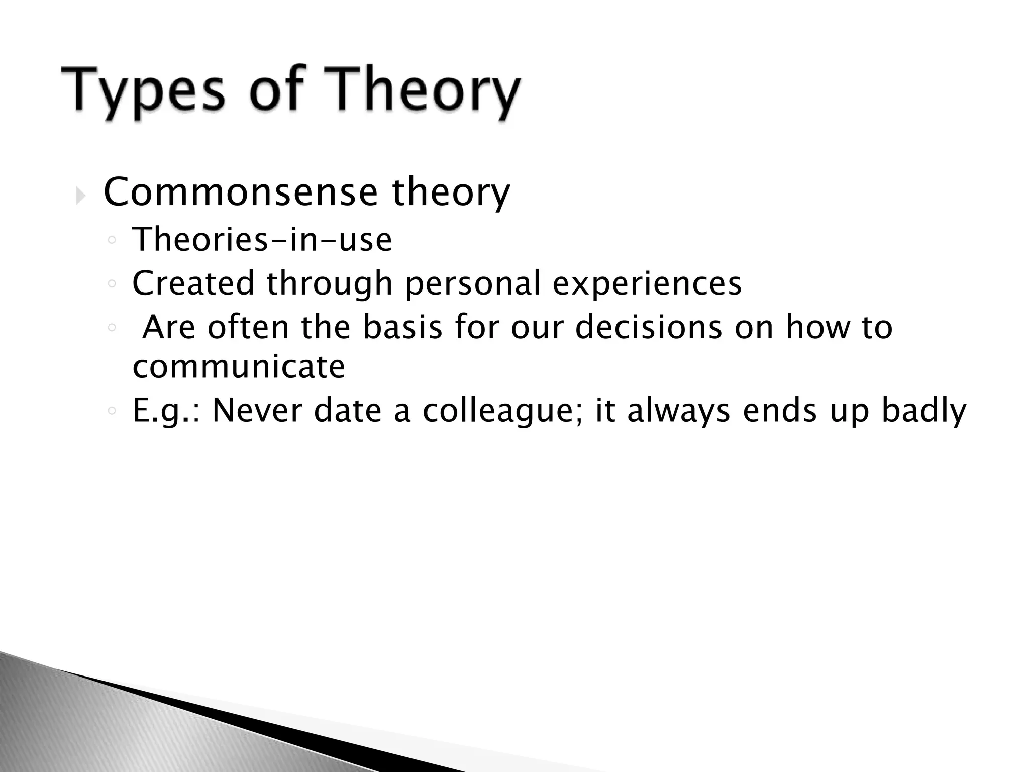  Commonsense theory
◦ Theories-in-use
◦ Created through personal experiences
◦ Are often the basis for our decisions on how to
communicate
◦ E.g.: Never date a colleague; it always ends up badly
 