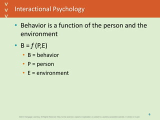 ©2013 Cengage Learning. All Rights Reserved. May not be scanned, copied or duplicated, or posted to a publicly accessible website, in whole or in part.©2013 Cengage Learning. All Rights Reserved. May not be scanned, copied or duplicated, or posted to a publicly accessible website, in whole or in part.
^
^
Interactional Psychology
• Behavior is a function of the person and the
environment
• B = f (P,E)
• B = behavior
• P = person
• E = environment
6
 