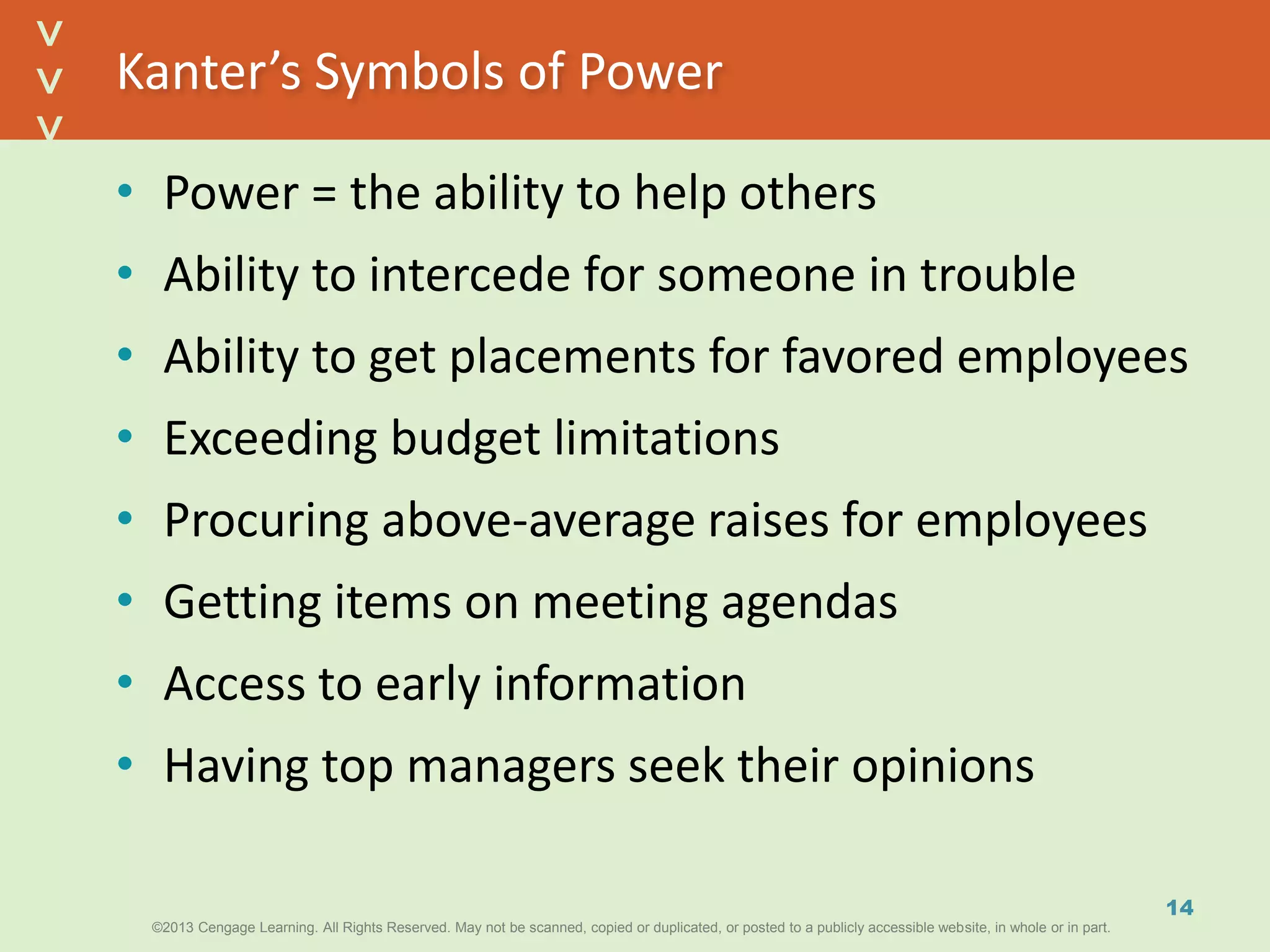 ©2013 Cengage Learning. All Rights Reserved. May not be scanned, copied or duplicated, or posted to a publicly accessible website, in whole or in part.©2013 Cengage Learning. All Rights Reserved. May not be scanned, copied or duplicated, or posted to a publicly accessible website, in whole or in part.
^
^
Kanter’s Symbols of Power
• Power = the ability to help others
• Ability to intercede for someone in trouble
• Ability to get placements for favored employees
• Exceeding budget limitations
• Procuring above-average raises for employees
• Getting items on meeting agendas
• Access to early information
• Having top managers seek their opinions
14
 