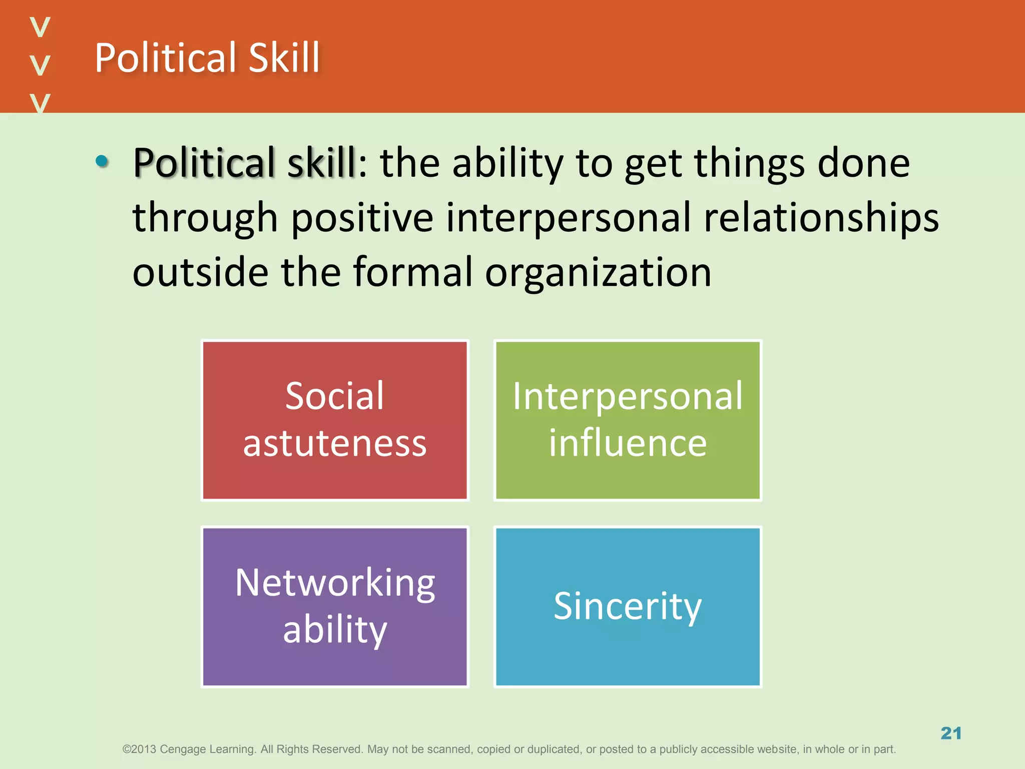 ©2013 Cengage Learning. All Rights Reserved. May not be scanned, copied or duplicated, or posted to a publicly accessible website, in whole or in part.©2013 Cengage Learning. All Rights Reserved. May not be scanned, copied or duplicated, or posted to a publicly accessible website, in whole or in part.
^
^
Political Skill
• Political skill: the ability to get things done
through positive interpersonal relationships
outside the formal organization
21
Social
astuteness
Interpersonal
influence
Networking
ability
Sincerity
 