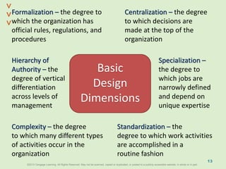 ©2013 Cengage Learning. All Rights Reserved. May not be scanned, copied or duplicated, or posted to a publicly accessible website, in whole or in part.©2013 Cengage Learning. All Rights Reserved. May not be scanned, copied or duplicated, or posted to a publicly accessible website, in whole or in part.
^
^
13
Hierarchy of
Authority – the
degree of vertical
differentiation
across levels of
management
Specialization –
the degree to
which jobs are
narrowly defined
and depend on
unique expertise
Basic
Design
Dimensions
Formalization – the degree to
which the organization has
official rules, regulations, and
procedures
Standardization – the
degree to which work activities
are accomplished in a
routine fashion
Complexity – the degree
to which many different types
of activities occur in the
organization
Centralization – the degree
to which decisions are
made at the top of the
organization
 