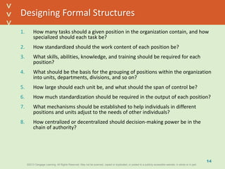 ©2013 Cengage Learning. All Rights Reserved. May not be scanned, copied or duplicated, or posted to a publicly accessible website, in whole or in part.©2013 Cengage Learning. All Rights Reserved. May not be scanned, copied or duplicated, or posted to a publicly accessible website, in whole or in part.
^
^
Designing Formal Structures
1. How many tasks should a given position in the organization contain, and how
specialized should each task be?
2. How standardized should the work content of each position be?
3. What skills, abilities, knowledge, and training should be required for each
position?
4. What should be the basis for the grouping of positions within the organization
into units, departments, divisions, and so on?
5. How large should each unit be, and what should the span of control be?
6. How much standardization should be required in the output of each position?
7. What mechanisms should be established to help individuals in different
positions and units adjust to the needs of other individuals?
8. How centralized or decentralized should decision-making power be in the
chain of authority?
14
 