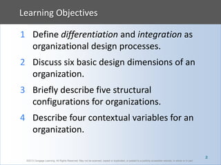 ©2013 Cengage Learning. All Rights Reserved. May not be scanned, copied or duplicated, or posted to a publicly accessible website, in whole or in part.
Learning Objectives
©2013 Cengage Learning. All Rights Reserved. May not be scanned, copied or duplicated, or posted to a publicly accessible website, in whole or in part.
1 Define differentiation and integration as
organizational design processes.
2 Discuss six basic design dimensions of an
organization.
3 Briefly describe five structural
configurations for organizations.
4 Describe four contextual variables for an
organization.
2
 