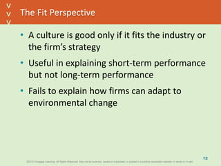 ©2013 Cengage Learning. All Rights Reserved. May not be scanned, copied or duplicated, or posted to a publicly accessible website, in whole or in part.©2013 Cengage Learning. All Rights Reserved. May not be scanned, copied or duplicated, or posted to a publicly accessible website, in whole or in part.
^
^
The Fit Perspective
• A culture is good only if it fits the industry or
the firm’s strategy
• Useful in explaining short-term performance
but not long-term performance
• Fails to explain how firms can adapt to
environmental change
12
 