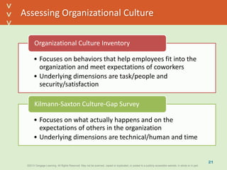 ©2013 Cengage Learning. All Rights Reserved. May not be scanned, copied or duplicated, or posted to a publicly accessible website, in whole or in part.©2013 Cengage Learning. All Rights Reserved. May not be scanned, copied or duplicated, or posted to a publicly accessible website, in whole or in part.
^
^
Assessing Organizational Culture
• Focuses on behaviors that help employees fit into the
organization and meet expectations of coworkers
• Underlying dimensions are task/people and
security/satisfaction
Organizational Culture Inventory
• Focuses on what actually happens and on the
expectations of others in the organization
• Underlying dimensions are technical/human and time
Kilmann-Saxton Culture-Gap Survey
21
 