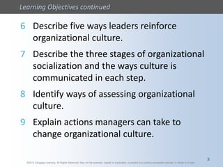 ©2013 Cengage Learning. All Rights Reserved. May not be scanned, copied or duplicated, or posted to a publicly accessible website, in whole or in part.
Learning Objectives continued
©2013 Cengage Learning. All Rights Reserved. May not be scanned, copied or duplicated, or posted to a publicly accessible website, in whole or in part.
6 Describe five ways leaders reinforce
organizational culture.
7 Describe the three stages of organizational
socialization and the ways culture is
communicated in each step.
8 Identify ways of assessing organizational
culture.
9 Explain actions managers can take to
change organizational culture.
3
 