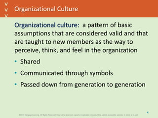 ©2013 Cengage Learning. All Rights Reserved. May not be scanned, copied or duplicated, or posted to a publicly accessible website, in whole or in part.©2013 Cengage Learning. All Rights Reserved. May not be scanned, copied or duplicated, or posted to a publicly accessible website, in whole or in part.
^
^
Organizational Culture
Organizational culture: a pattern of basic
assumptions that are considered valid and that
are taught to new members as the way to
perceive, think, and feel in the organization
• Shared
• Communicated through symbols
• Passed down from generation to generation
4
 