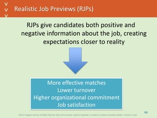 ©2013 Cengage Learning. All Rights Reserved. May not be scanned, copied or duplicated, or posted to a publicly accessible website, in whole or in part.©2013 Cengage Learning. All Rights Reserved. May not be scanned, copied or duplicated, or posted to a publicly accessible website, in whole or in part.
^
^
Realistic Job Previews (RJPs)
RJPs give candidates both positive and
negative information about the job, creating
expectations closer to reality
15
More effective matches
Lower turnover
Higher organizational commitment
Job satisfaction
 