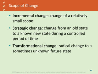 ©2013 Cengage Learning. All Rights Reserved. May not be scanned, copied or duplicated, or posted to a publicly accessible website, in whole or in part.©2013 Cengage Learning. All Rights Reserved. May not be scanned, copied or duplicated, or posted to a publicly accessible website, in whole or in part.
^
^
Scope of Change
• Incremental change: change of a relatively
small scope
• Strategic change: change from an old state
to a known new state during a controlled
period of time
• Transformational change: radical change to a
sometimes unknown future state
10
 