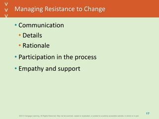 ©2013 Cengage Learning. All Rights Reserved. May not be scanned, copied or duplicated, or posted to a publicly accessible website, in whole or in part.©2013 Cengage Learning. All Rights Reserved. May not be scanned, copied or duplicated, or posted to a publicly accessible website, in whole or in part.
^
^
Managing Resistance to Change
• Communication
• Details
• Rationale
• Participation in the process
• Empathy and support
17
 