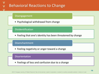 ©2013 Cengage Learning. All Rights Reserved. May not be scanned, copied or duplicated, or posted to a publicly accessible website, in whole or in part.©2013 Cengage Learning. All Rights Reserved. May not be scanned, copied or duplicated, or posted to a publicly accessible website, in whole or in part.
^
^
Behavioral Reactions to Change
• Psychological withdrawal from change
Disengagement
• Feeling that one’s identity has been threatened by change
Disidentification
• Feeling negativity or anger toward a change
Disenchantment
• Feelings of loss and confusion due to a change
Disorientation
18
 
