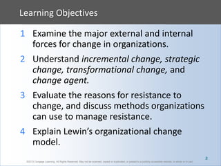 ©2013 Cengage Learning. All Rights Reserved. May not be scanned, copied or duplicated, or posted to a publicly accessible website, in whole or in part.
Learning Objectives
©2013 Cengage Learning. All Rights Reserved. May not be scanned, copied or duplicated, or posted to a publicly accessible website, in whole or in part.
1 Examine the major external and internal
forces for change in organizations.
2 Understand incremental change, strategic
change, transformational change, and
change agent.
3 Evaluate the reasons for resistance to
change, and discuss methods organizations
can use to manage resistance.
4 Explain Lewin’s organizational change
model.
2
 