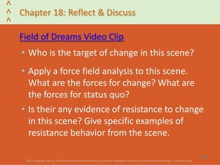 ©2013 Cengage Learning. All Rights Reserved. May not be scanned, copied or duplicated, or posted to a publicly accessible website, in whole or in part.©2013 Cengage Learning. All Rights Reserved. May not be scanned, copied or duplicated, or posted to a publicly accessible website, in whole or in part.
^
^
^
Chapter 18: Reflect & Discuss
Field of Dreams Video Clip
• Who is the target of change in this scene?
• Apply a force field analysis to this scene.
What are the forces for change? What are
the forces for status quo?
• Is their any evidence of resistance to change
in this scene? Give specific examples of
resistance behavior from the scene.
37
 