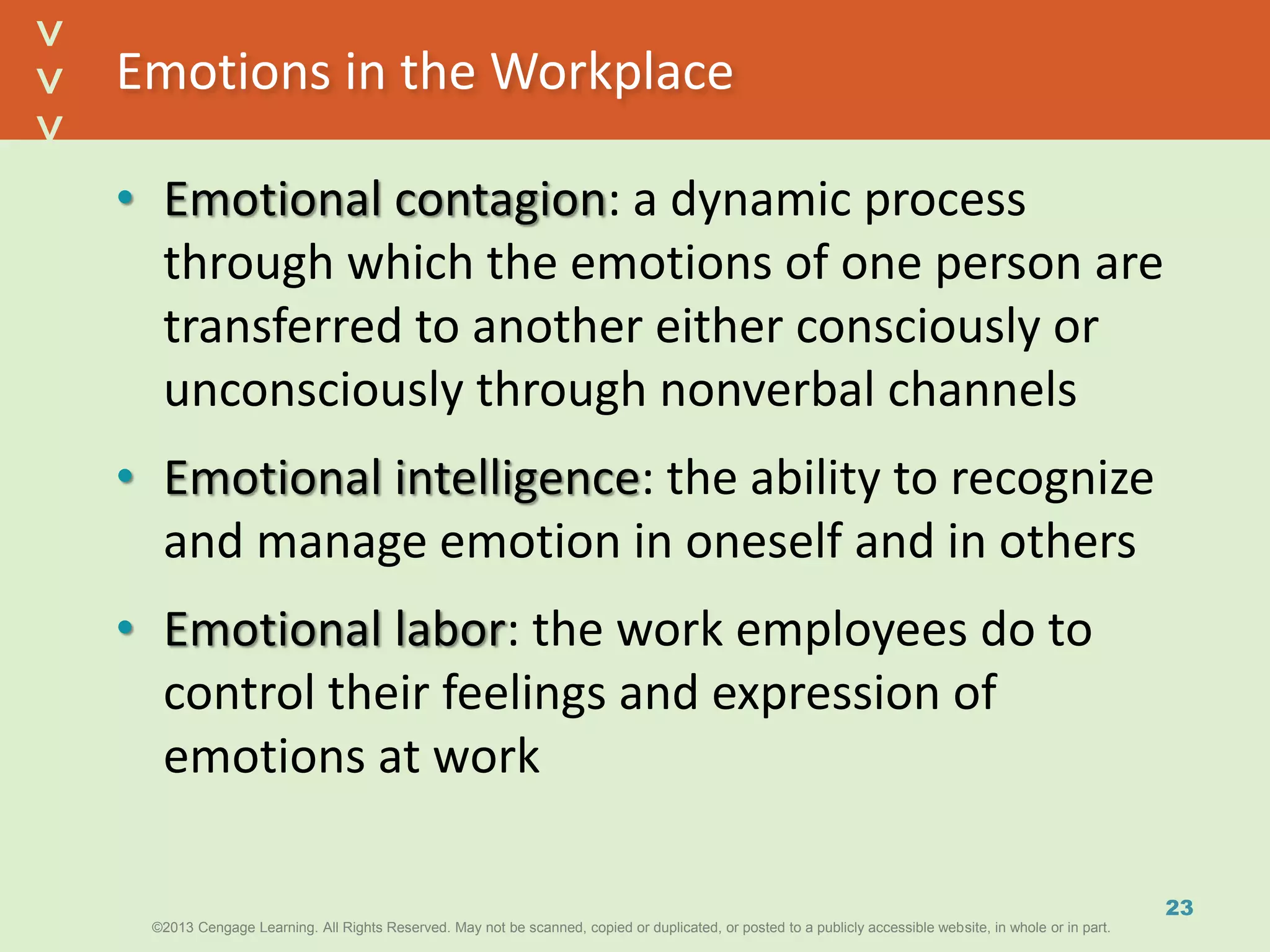©2013 Cengage Learning. All Rights Reserved. May not be scanned, copied or duplicated, or posted to a publicly accessible website, in whole or in part.©2013 Cengage Learning. All Rights Reserved. May not be scanned, copied or duplicated, or posted to a publicly accessible website, in whole or in part.
^
^
Emotions in the Workplace
• Emotional contagion: a dynamic process
through which the emotions of one person are
transferred to another either consciously or
unconsciously through nonverbal channels
• Emotional intelligence: the ability to recognize
and manage emotion in oneself and in others
• Emotional labor: the work employees do to
control their feelings and expression of
emotions at work
23
 