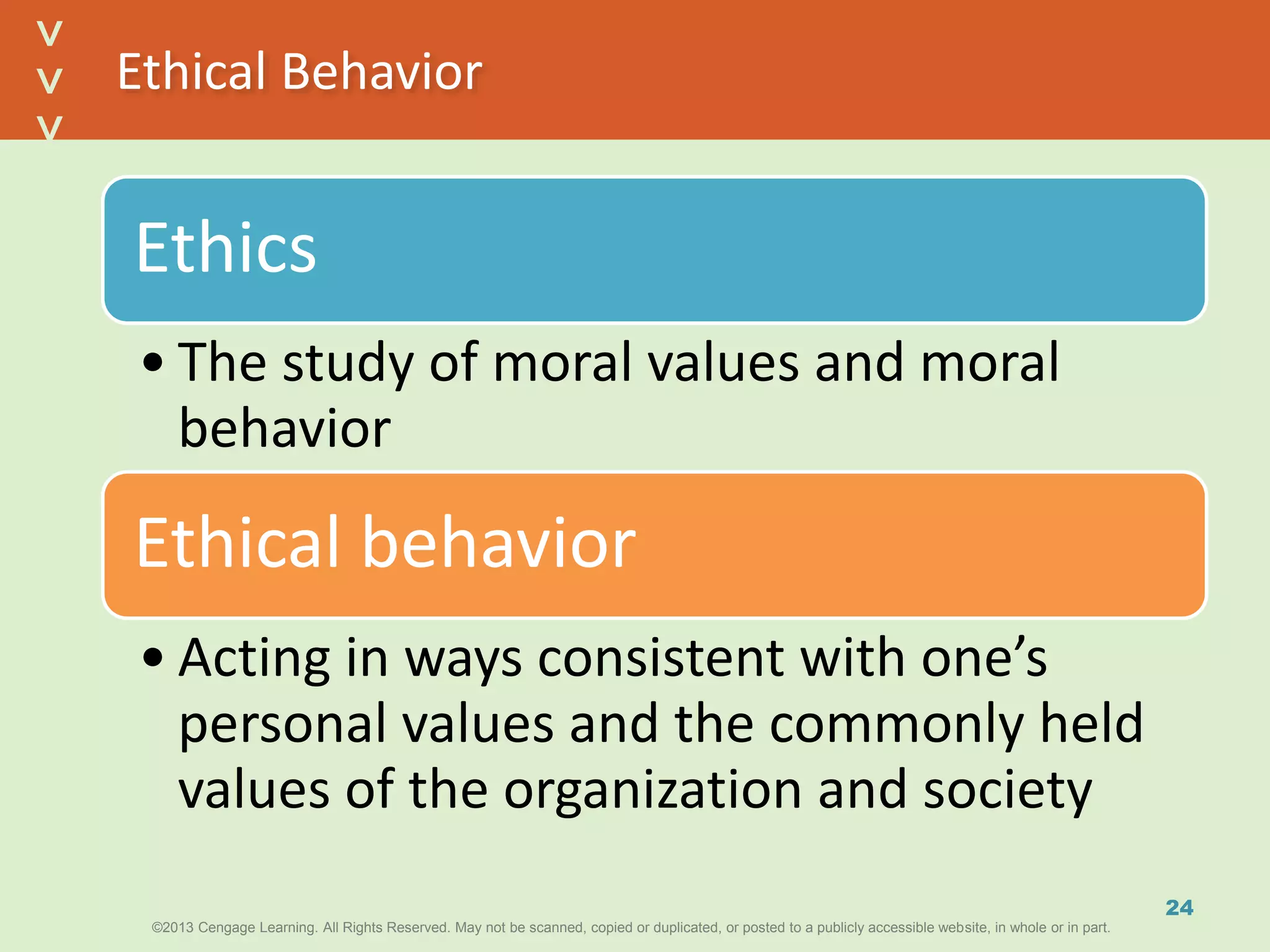 ©2013 Cengage Learning. All Rights Reserved. May not be scanned, copied or duplicated, or posted to a publicly accessible website, in whole or in part.©2013 Cengage Learning. All Rights Reserved. May not be scanned, copied or duplicated, or posted to a publicly accessible website, in whole or in part.
^
^
Ethical Behavior
Ethics
• The study of moral values and moral
behavior
Ethical behavior
• Acting in ways consistent with one’s
personal values and the commonly held
values of the organization and society
24
 
