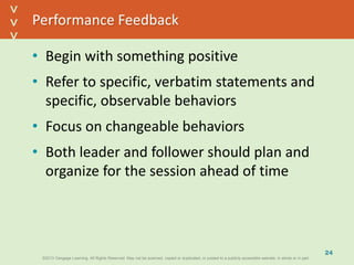 ©2013 Cengage Learning. All Rights Reserved. May not be scanned, copied or duplicated, or posted to a publicly accessible website, in whole or in part.©2013 Cengage Learning. All Rights Reserved. May not be scanned, copied or duplicated, or posted to a publicly accessible website, in whole or in part.
^
^
Performance Feedback
• Begin with something positive
• Refer to specific, verbatim statements and
specific, observable behaviors
• Focus on changeable behaviors
• Both leader and follower should plan and
organize for the session ahead of time
24
 