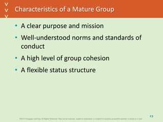 ©2013 Cengage Learning. All Rights Reserved. May not be scanned, copied or duplicated, or posted to a publicly accessible website, in whole or in part.©2013 Cengage Learning. All Rights Reserved. May not be scanned, copied or duplicated, or posted to a publicly accessible website, in whole or in part.
^
^
Characteristics of a Mature Group
• A clear purpose and mission
• Well-understood norms and standards of
conduct
• A high level of group cohesion
• A flexible status structure
13
 