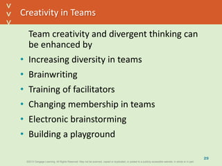 ©2013 Cengage Learning. All Rights Reserved. May not be scanned, copied or duplicated, or posted to a publicly accessible website, in whole or in part.©2013 Cengage Learning. All Rights Reserved. May not be scanned, copied or duplicated, or posted to a publicly accessible website, in whole or in part.
^
^
Creativity in Teams
Team creativity and divergent thinking can
be enhanced by
• Increasing diversity in teams
• Brainwriting
• Training of facilitators
• Changing membership in teams
• Electronic brainstorming
• Building a playground
29
 