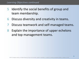 ©2013 Cengage Learning. All Rights Reserved. May not be scanned, copied or duplicated, or posted to a publicly accessible website, in whole or in part.
Learning Objectives continued
©2013 Cengage Learning. All Rights Reserved. May not be scanned, copied or duplicated, or posted to a publicly accessible website, in whole or in part.
5 Identify the social benefits of group and
team membership.
6 Discuss diversity and creativity in teams.
7 Discuss teamwork and self-managed teams.
8 Explain the importance of upper echelons
and top management teams.
3
 