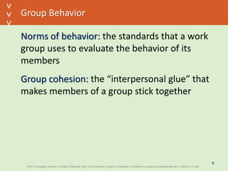 ©2013 Cengage Learning. All Rights Reserved. May not be scanned, copied or duplicated, or posted to a publicly accessible website, in whole or in part.©2013 Cengage Learning. All Rights Reserved. May not be scanned, copied or duplicated, or posted to a publicly accessible website, in whole or in part.
^
^
Group Behavior
Norms of behavior: the standards that a work
group uses to evaluate the behavior of its
members
Group cohesion: the “interpersonal glue” that
makes members of a group stick together
6
 