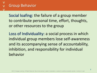 ©2013 Cengage Learning. All Rights Reserved. May not be scanned, copied or duplicated, or posted to a publicly accessible website, in whole or in part.©2013 Cengage Learning. All Rights Reserved. May not be scanned, copied or duplicated, or posted to a publicly accessible website, in whole or in part.
^
^
Group Behavior
Social loafing: the failure of a group member
to contribute personal time, effort, thoughts,
or other resources to the group
Loss of Individuality: a social process in which
individual group members lose self-awareness
and its accompanying sense of accountability,
inhibition, and responsibility for individual
behavior
7
 