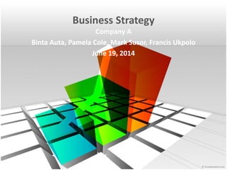 Business Strategy
Company A
Binta Auta, Pamela Cole, Mark Susor, Francis Ukpolo
June 19, 2014
 