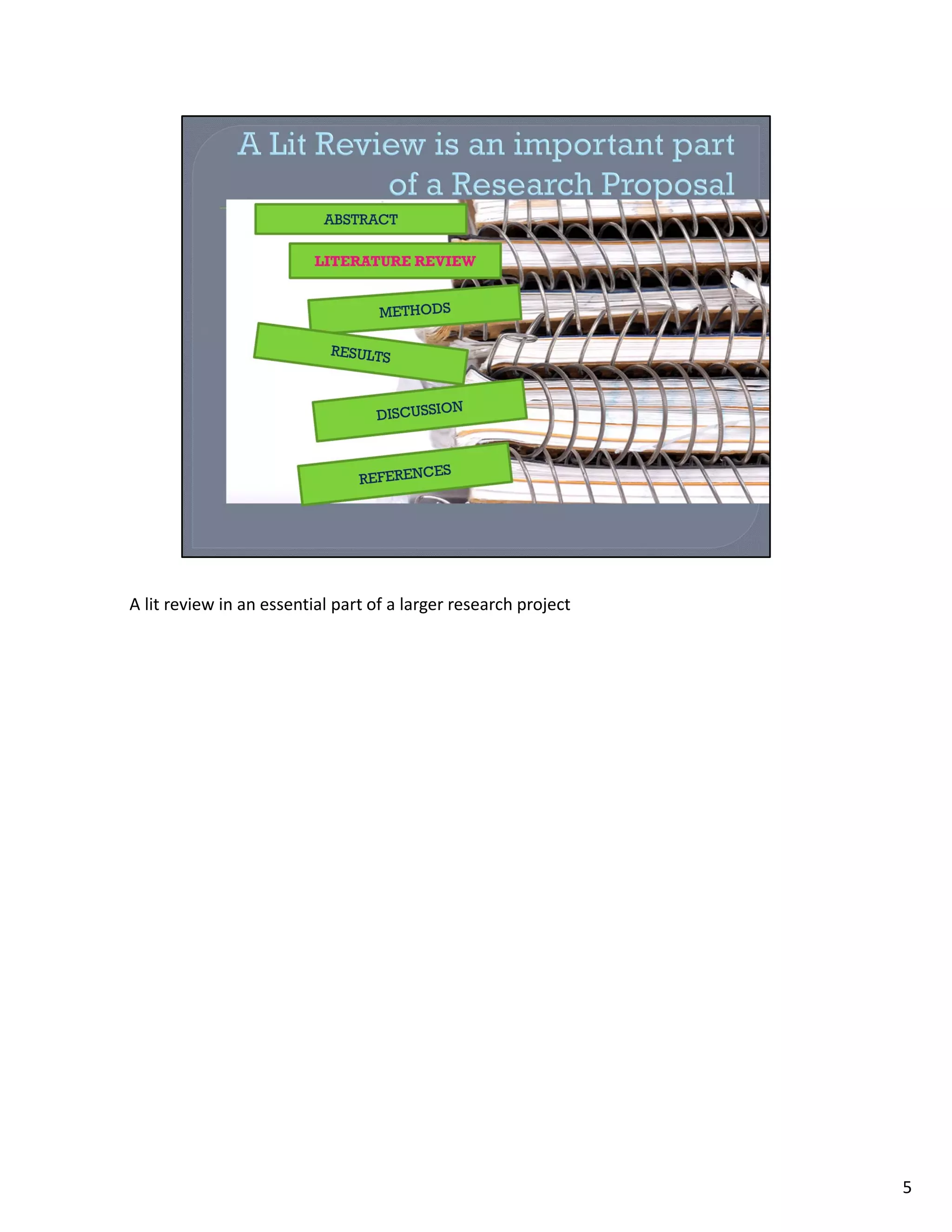 A lit review in an essential part of a larger research project




                                                                 5
 