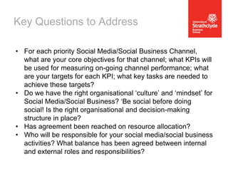 Key Questions to Address
• For each priority Social Media/Social Business Channel,
what are your core objectives for that channel; what KPIs will
be used for measuring on-going channel performance; what
are your targets for each KPI; what key tasks are needed to
achieve these targets?
• Do we have the right organisational ‘culture’ and ‘mindset’ for
Social Media/Social Business? ‘Be social before doing
social! Is the right organisational and decision-making
structure in place?
• Has agreement been reached on resource allocation?
• Who will be responsible for your social media/social business
activities? What balance has been agreed between internal
and external roles and responsibilities?

 